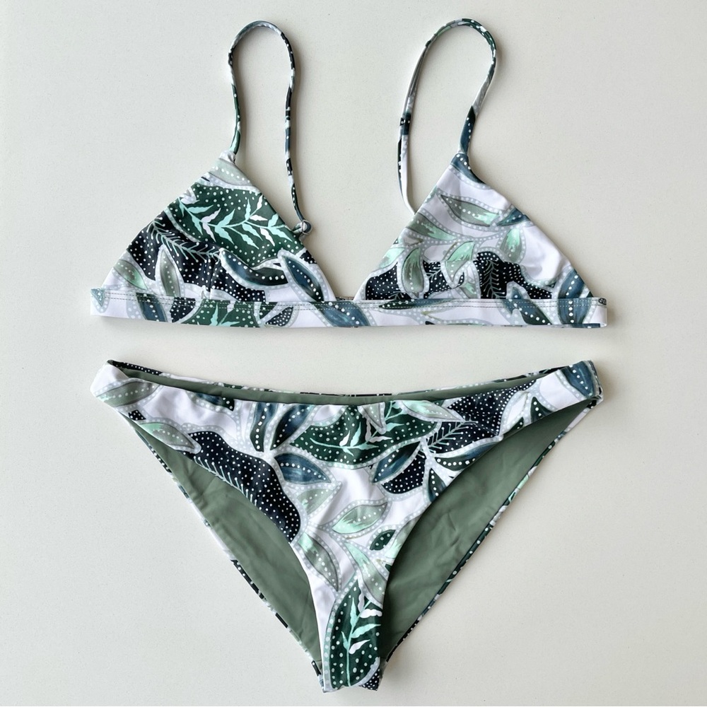 Mara Hoffman Bikini Triangle Bralette and Zoa Bottom Green Floral Leaves Print